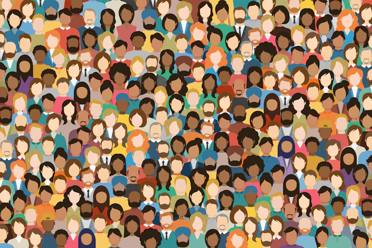 Abstract illustration of many heads with diverse colours and ethnicities