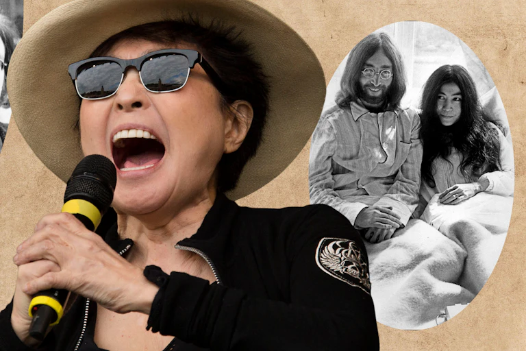 Yoko and John, Yoko singing into a microphone passionately, John and Yoko in bed