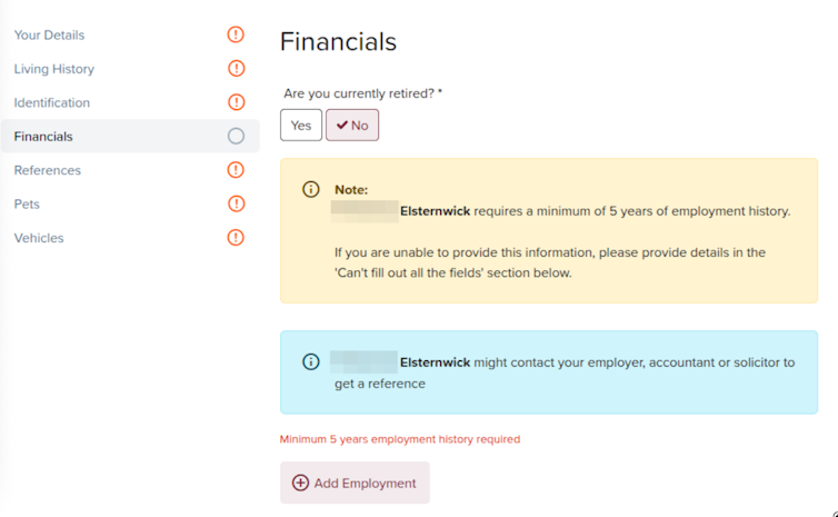 Screenshot of a rental application form requesting employment history.