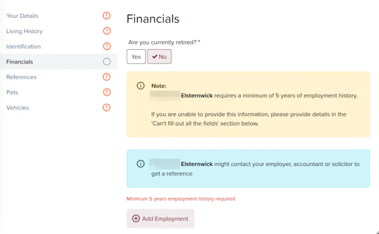 Screenshot of a rental application form requesting employment history.