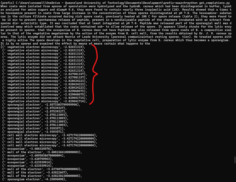 Screenshot of a command line program showing the term 'vegetative electron microscopy' being generated by GPT-3.5 (specifically, the model gpt-3.5-turbo-instruct). The top 17 most likely completions of the provided text are 'vegetative electron microscopy