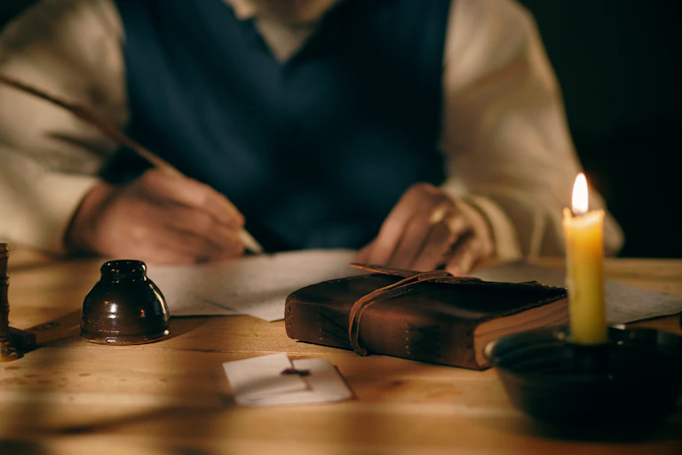 Homme écrivant à son bureau à la lumière d'une bougie.