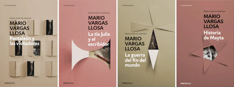 Portadas de Pantaleón y las visitadoras, La tía Julia y el escribidor, La guerra del fin del mundo e Historia de Mayta.
