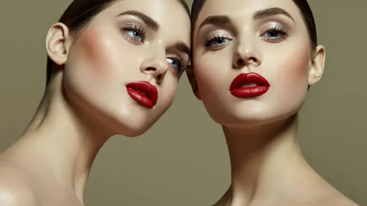 Two twin-looking women touch heads