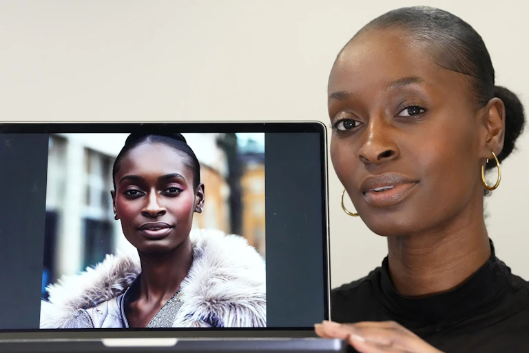 A Black model stands next to a computer screen showing an AI replica of her.