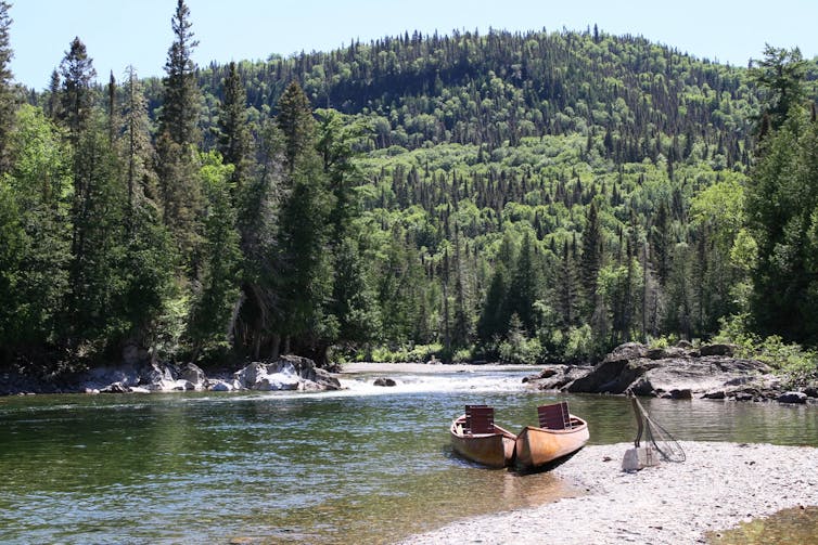 Dos canoas en la orilla del río, hay árboles en el otro lado