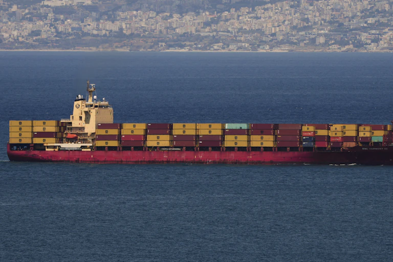 A cargo ship hauling many cargo containers on the water with hills in the background.