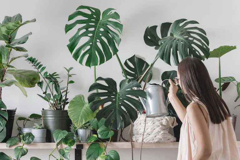 woman waters indoor plants