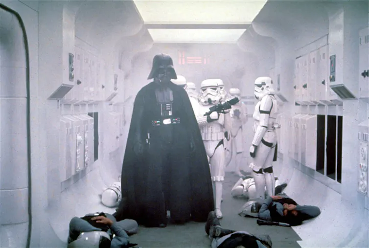 Film still featuring Darth Vader from the 1977 film.
