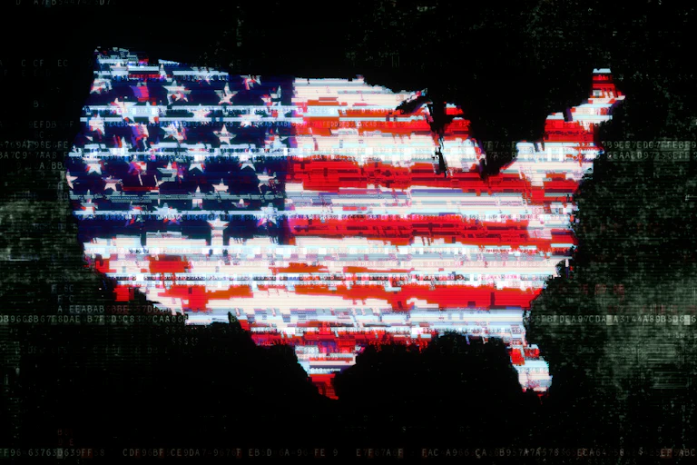 A glitched image of the United States flag superimposed over the country.