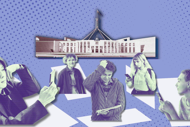 A composite image of Canberra parliament house and young people on their phones