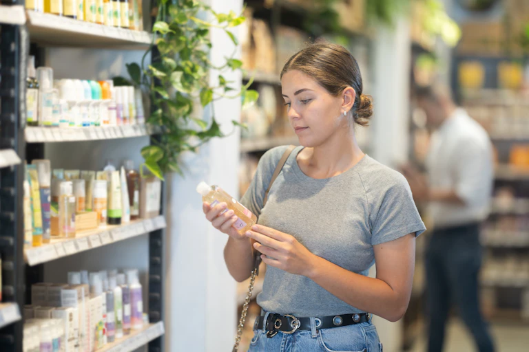 woman holding skincare bottle in shop, looking at label