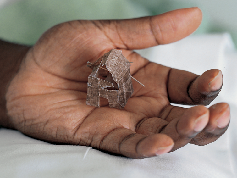 Donald Rodney: Visceral Canker – noteworthy retrospective of an artist as bold as he used to be audacious 4 A Black man's hand holding a small model of a house.