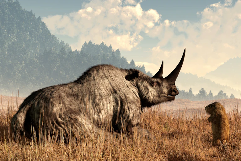 Woolly rhino looks at wombat