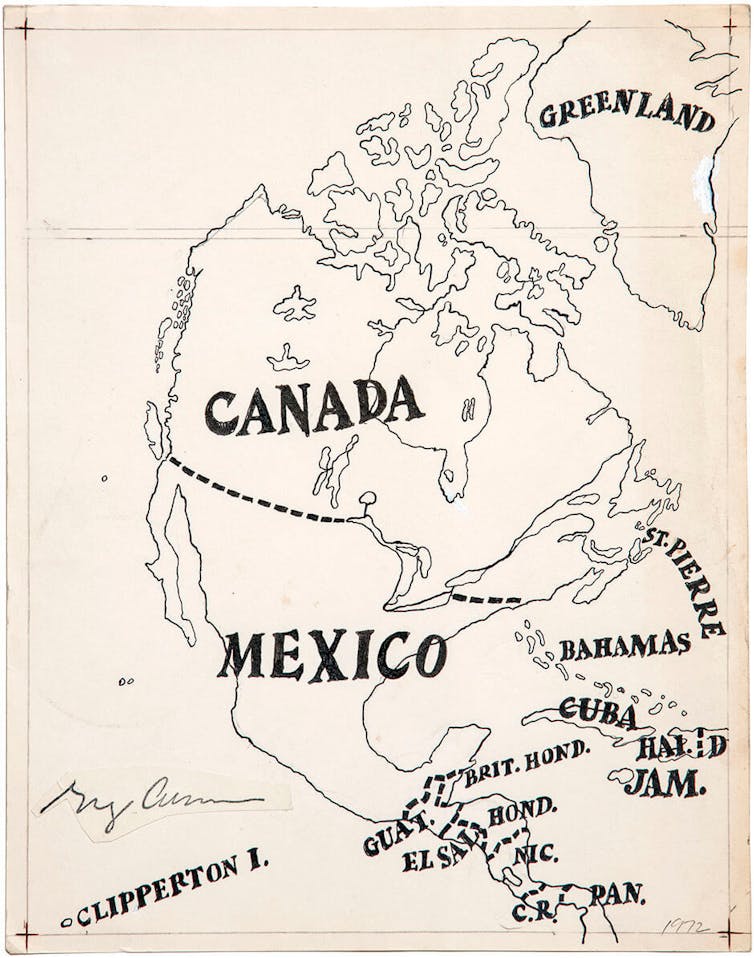 "¡Detente American Descargue Canadá!" - Inspiración y humor de Londres, Ontario. arte 6 Cartón manual que muestra Groenlandia, Canadá y México.