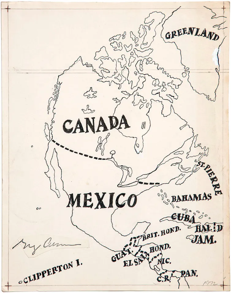 A handdrawn map showing Greenland, Canada and Mexico.