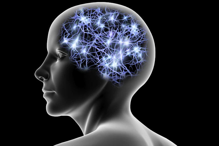 Illustration of a person's profile with glowing neurons visible in skull
