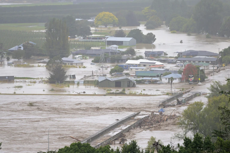 Bridge washed out and flooding during Cyclone Gabrielle