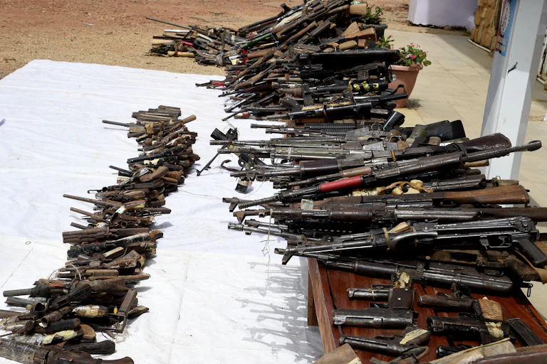 Guns lined up for a display