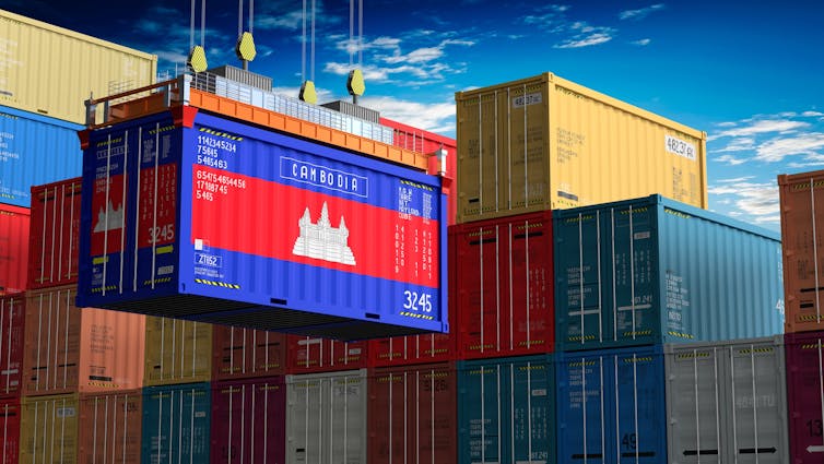 Freight shipping container with flag of Cambodia.