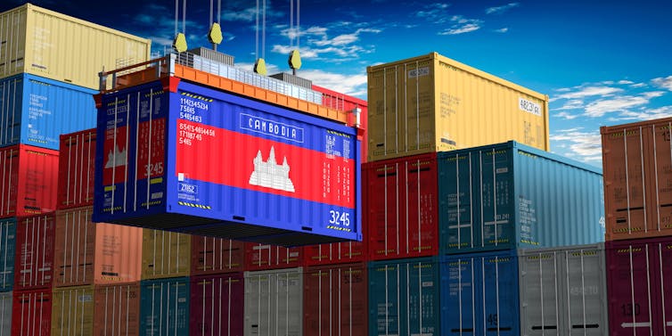 Freight shipping container with flag of Cambodia.