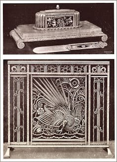 Photographs of an inkwell, a letter opener and a wrought iron and silver-plated countertop.