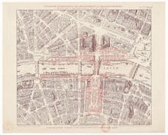 Map of Paris showing the space occupied by the exhibition, which included streets and boulevards, as well as part of the River Seine.