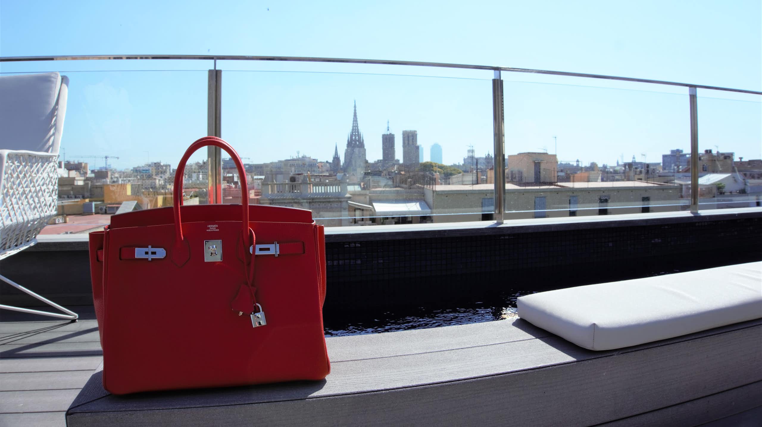 A Hermes bag with a view of a city skyline behind