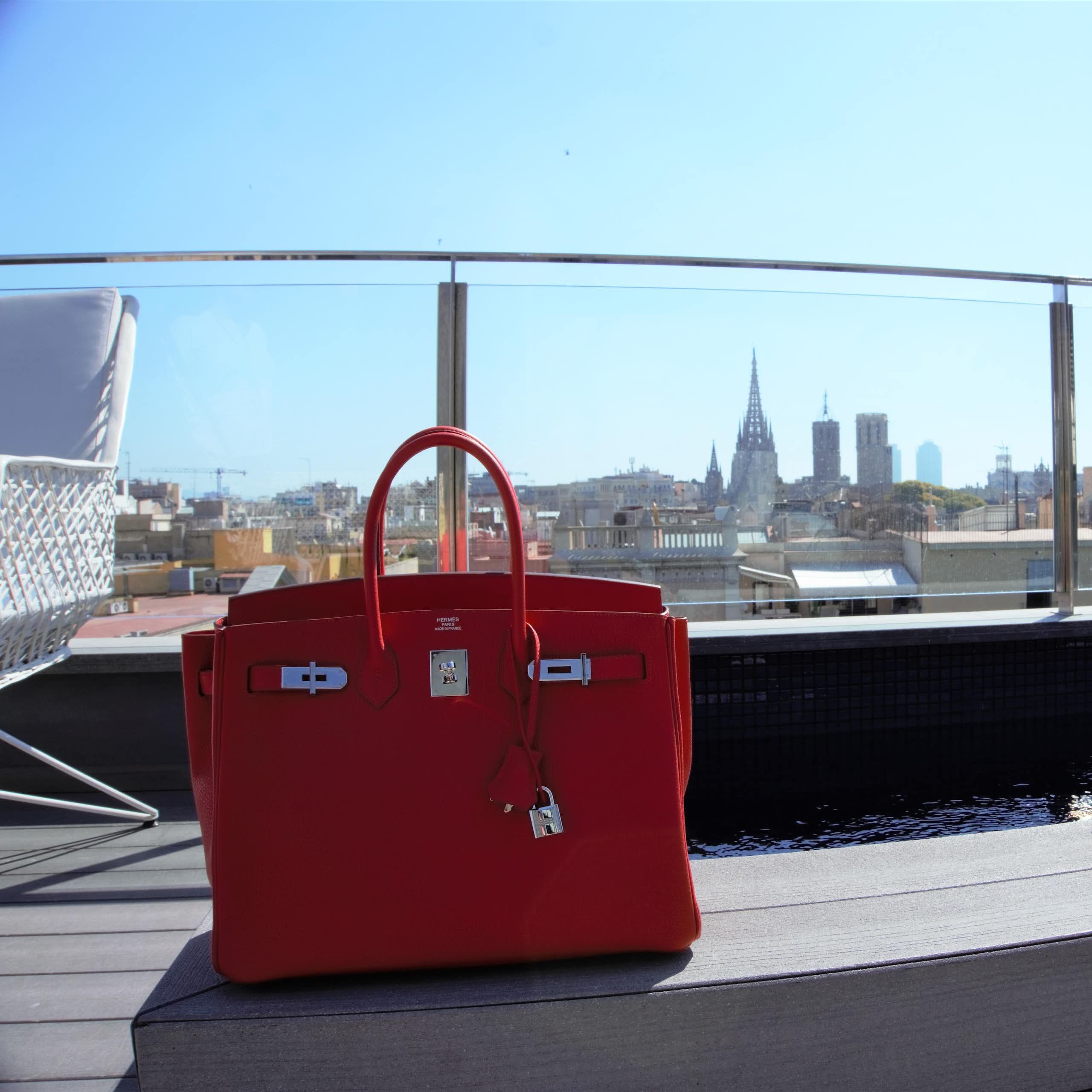 A Hermes bag with a view of a city skyline behind