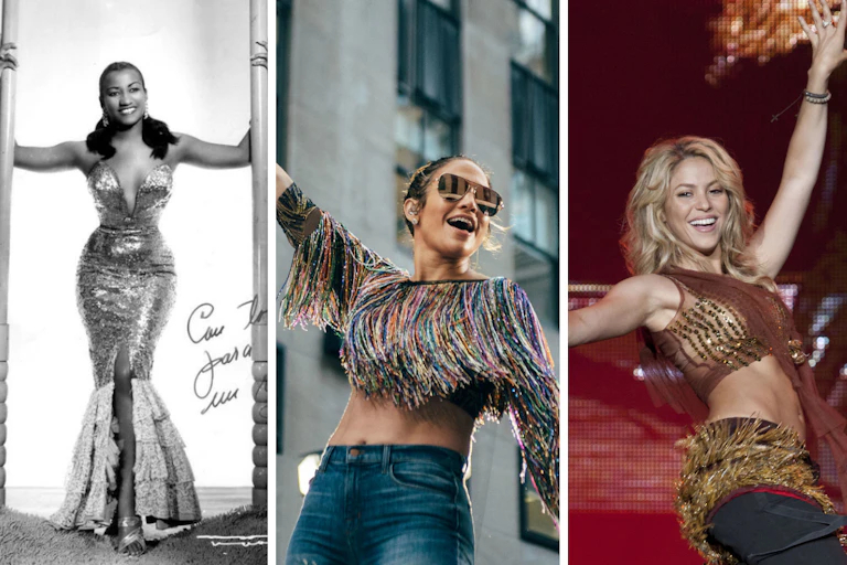 Montaje de fotos de Celia Cruz, Jennifer López, Shakira y Karol G.