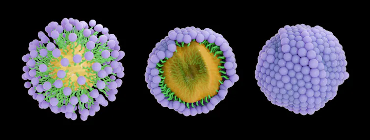 three views of a round conglomeration of purple-headed, green-tailed molecules encapsulating a yellow core