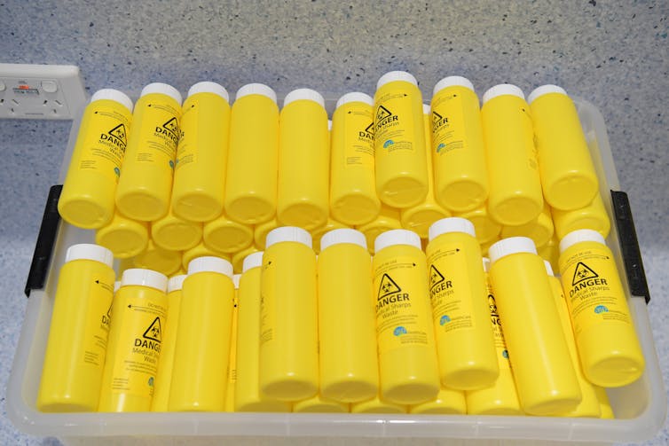 Medical sharps containers.