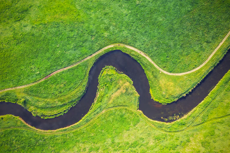 aerial shot of river running through green landscape