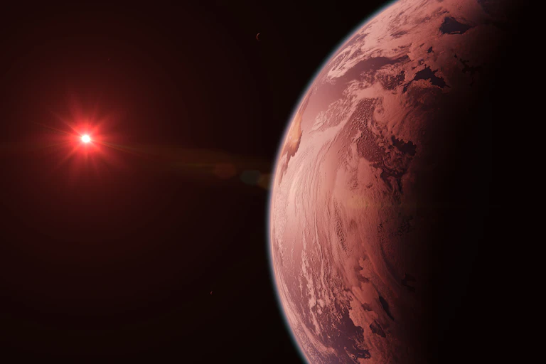 Illustration of a habitable planet with a red dwarf sun