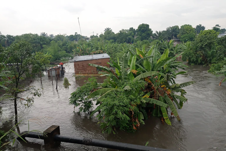A home marooned by flood water