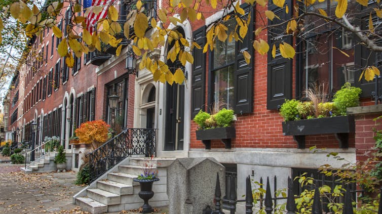 A street view of brick row homes with well-maintained window garden boxes