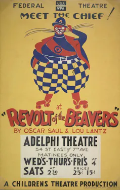 Yellow poster featuring a cartoon of an anthropomorphic beaver on roller skates.