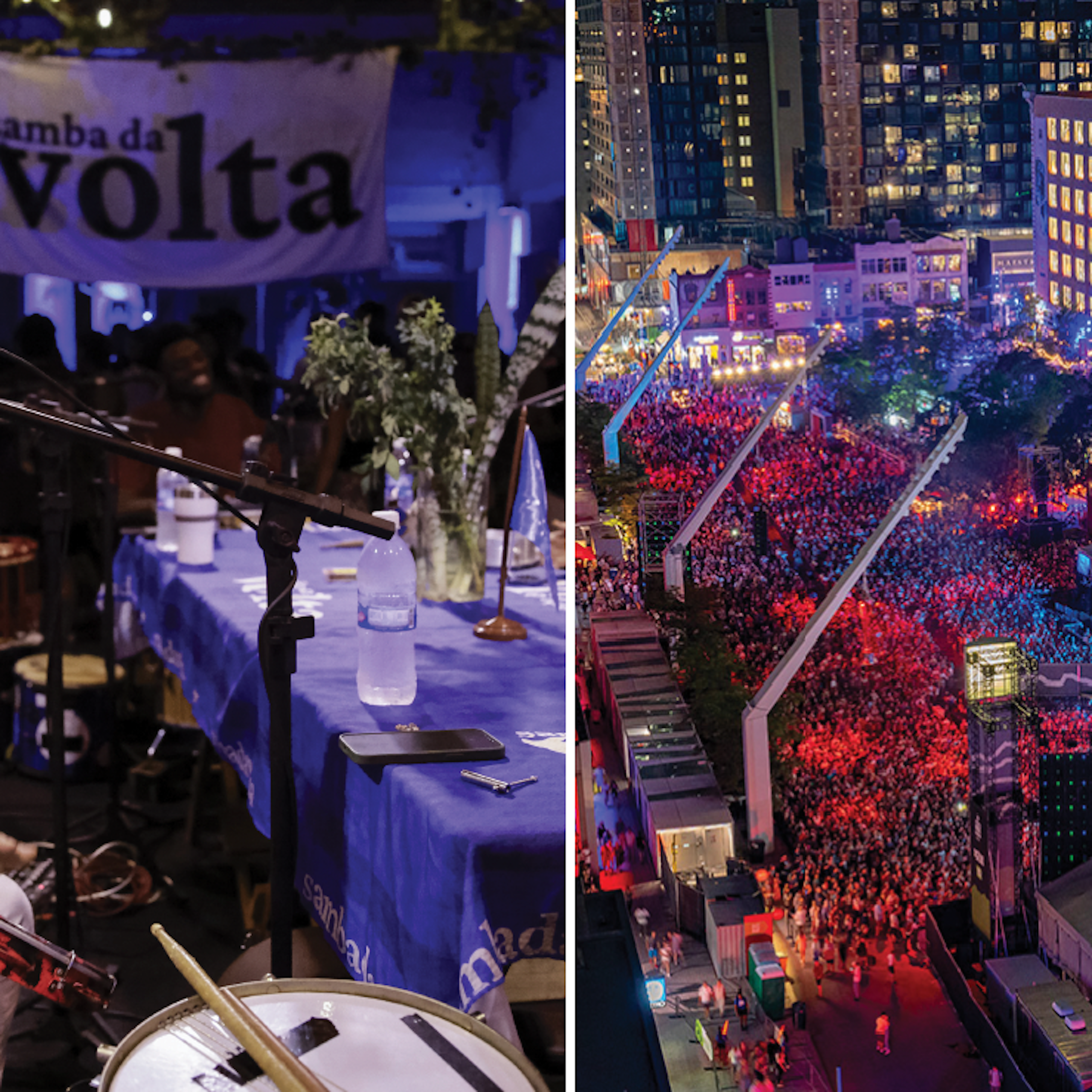 Une foule écoute des musiciens sur scène