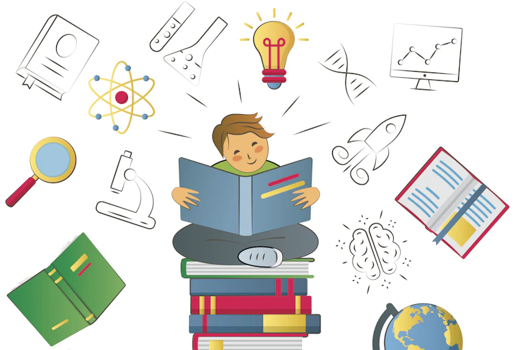 Illustration of a child reading, with ideas and figures hovering around his head