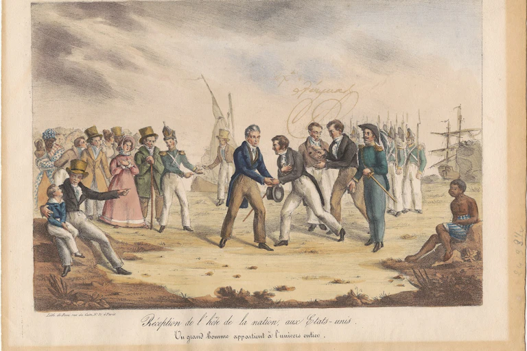 A faded drawing of two men shaking hands on a beach while many soldiers and other people look on.