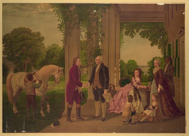 A painting of two men in jackets, breeches and stockings greeting each other on a porch as women look on.