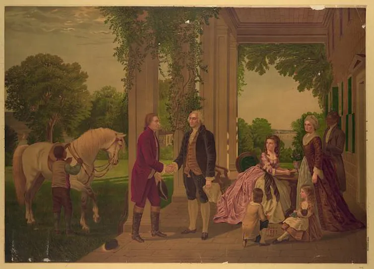 A painting of two men in jackets, breeches and stockings greeting each other on a porch as women look on.
