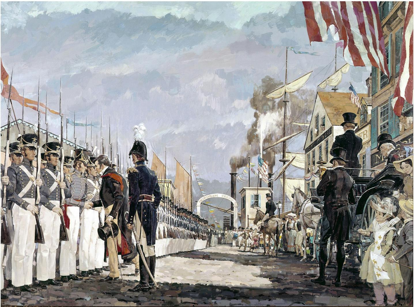 A line of men in uniform stand in formation on a street as onlookers stand nearby.