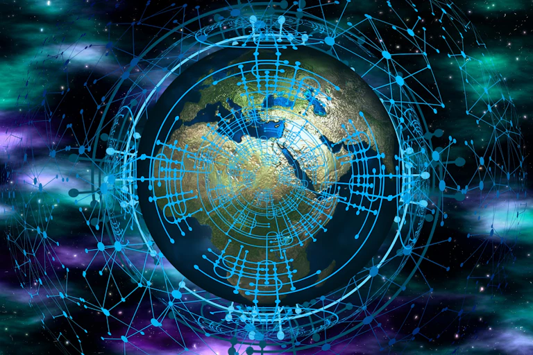 image d'un globe terrestre entouré d'un réseau de points et de lignes symbolisant les réseaux technologiques et numériques.