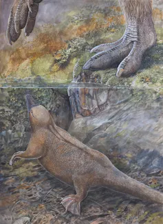 Artwork depicting a platypus like creture and the foot of a dinosaur above it on the shore of the river.