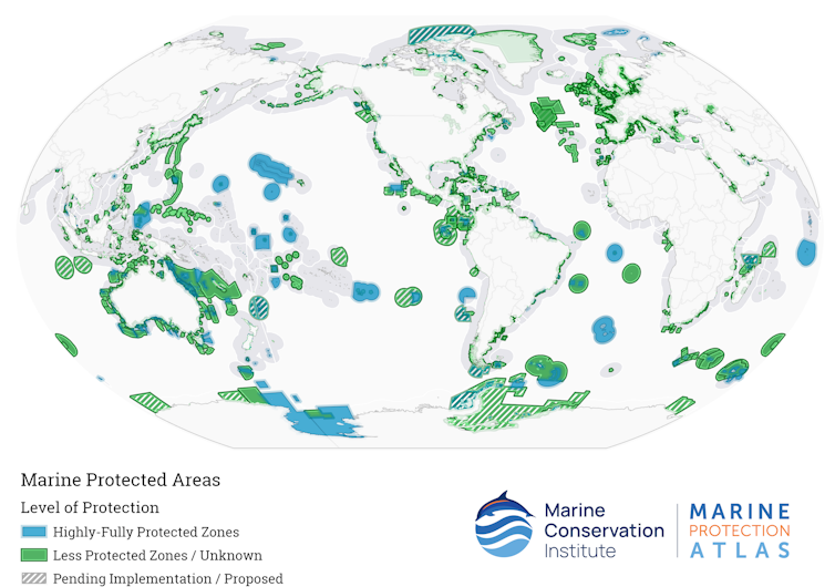 A map shows many marine protected areas around the world.