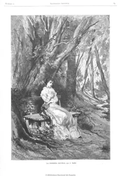 Ilustración de una joven leyendo su primera novela en un banco en el parque.