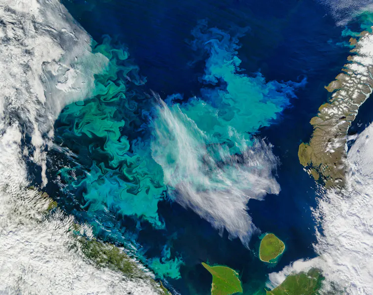 Aerial view of a blue ocean with a large patch of turquoise in the middle.
