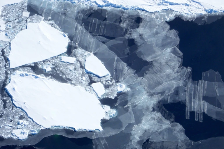 Aerial photo showing ice floating on the sea.