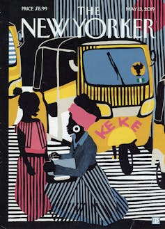 The New Yorker at 100: how daring, illustrated and wordless covers helped outline the enduring mag 1 An illustrated cover of The New Yorker, showing a black woman kneeling down talking to her daughter.